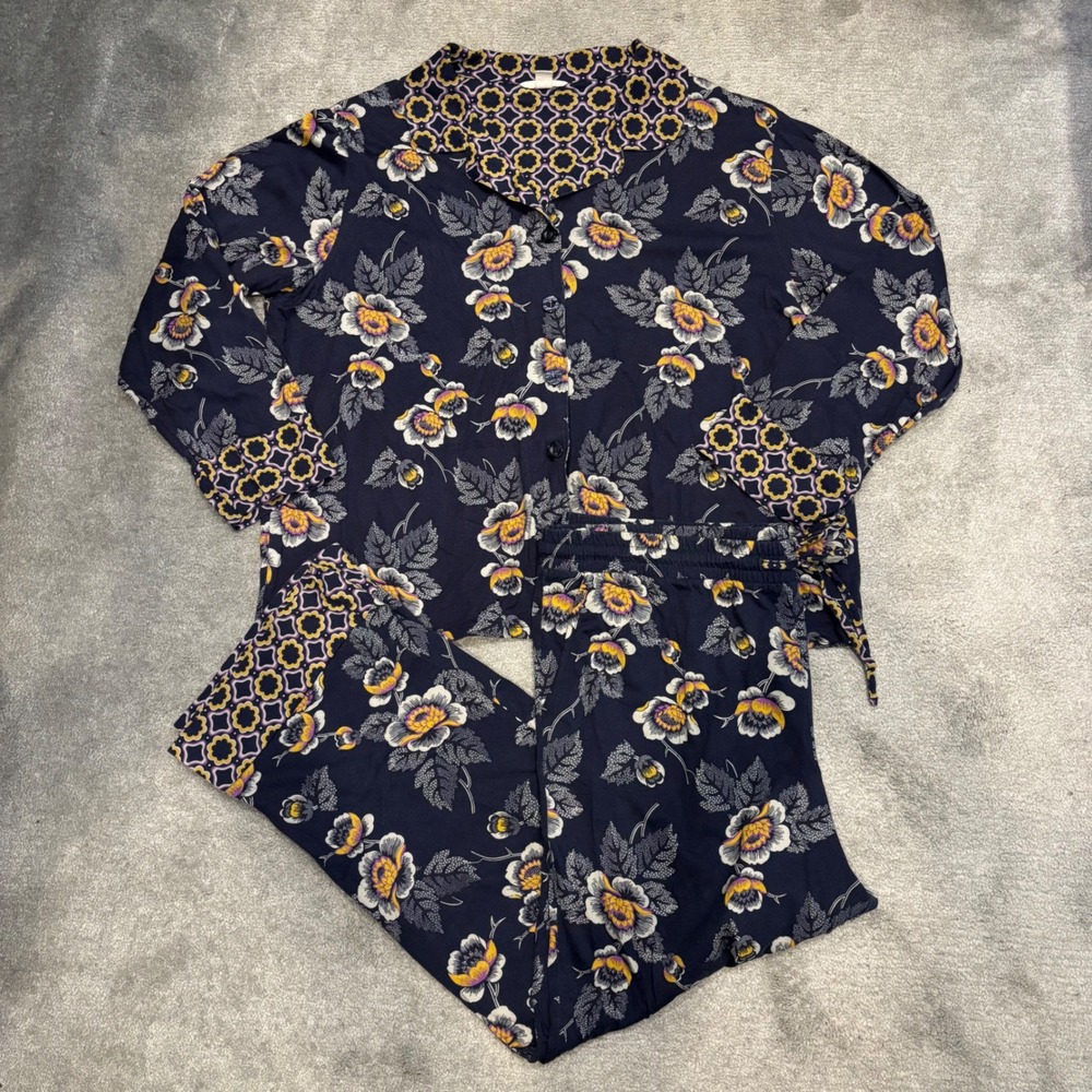 Vera Bradley Pajama Set XXL Navy Blue Floral Cotton Button Down Pants Sleepwear